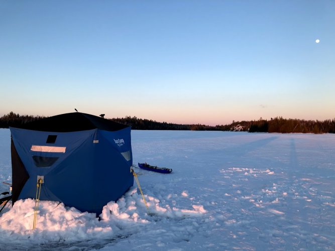 WINTER camping on ICE in a fishing tent
