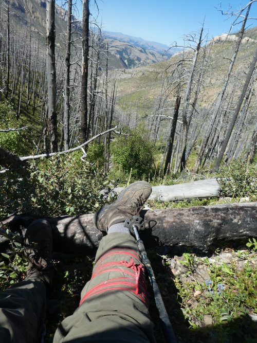 Splinted leg, looking down to canyon above Meriweather Landing.JPG