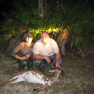Our first evening in the deer stand together I shot this Piebald with my bow