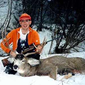 Son-in-law, Steve, got this nice buck in a lot of snow.  Montana - 1996.