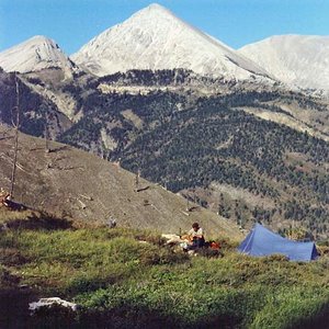 Jim Ford in our Bighorn sheep camp in the Sun River - 1973.