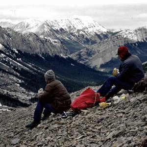 Ray McNutt and Jim Ford having a lunch break and looking into the drainage the big ram that got away from us went.  We spent a long cold night in the 