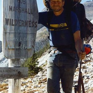 Packing my ram out of the Bob Marshall.  Headquarters Pass, October 12, 1988.  Smiling because its nearly all downhill from here to the truck!