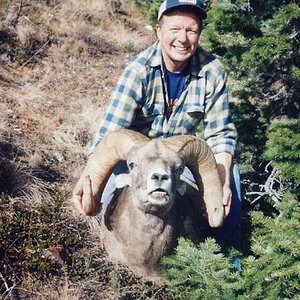 Here I am showing off Paul's ram.  Check out the drop on these horns.  I think the long one was close to 38" broomed.