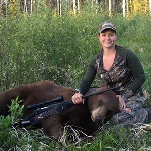 My first ever bear, nice little boar coming in at just under 5'9" nose to tail, and a colour phase too boot! Taken with my Ruger American 7mm-08 