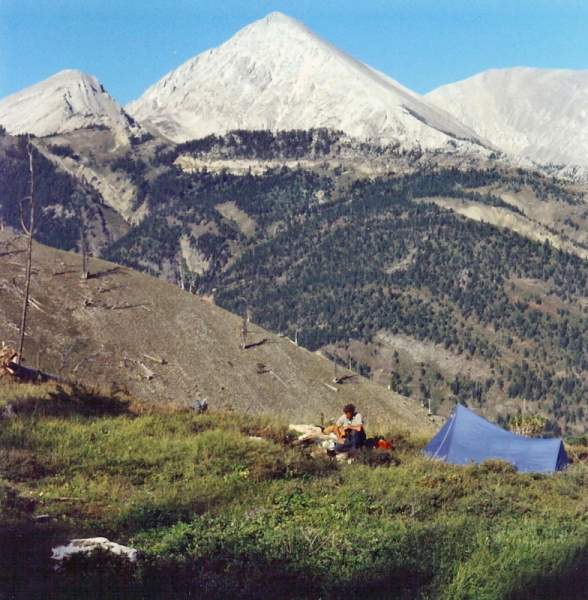 Jim Ford in our Bighorn sheep camp in the Sun River - 1973.