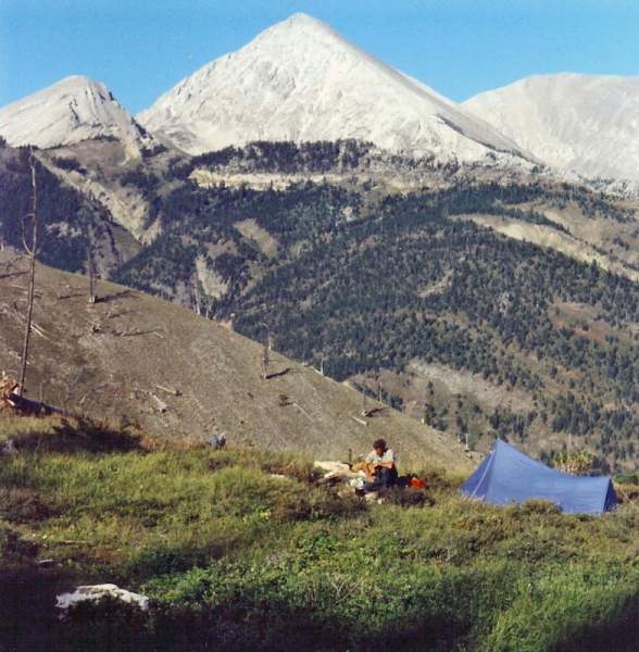 Jim Ford in our Bighorn sheep camp in the Sun River - 1973.