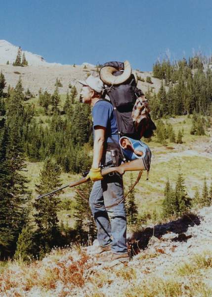 Packed up and heading out!  Pack plus rifle 92-pounds.  Truck 12-miles with two passes to cross. October 12,1988.