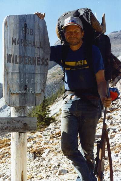 Packing my ram out of the Bob Marshall.  Headquarters Pass, October 12, 1988.  Smiling because its nearly all downhill from here to the truck!