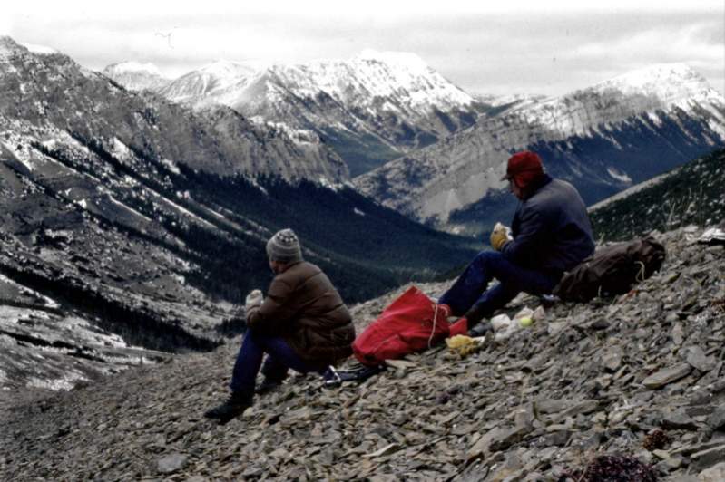 Ray McNutt and Jim Ford having a lunch break and looking into the drainage the big ram that got away from us went.  We spent a long cold night in the 