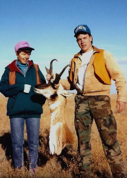 Son, Tyler and wife, Judy with Tyler's nice buck ready for mounting.  North of Saco, Montana in 1990.